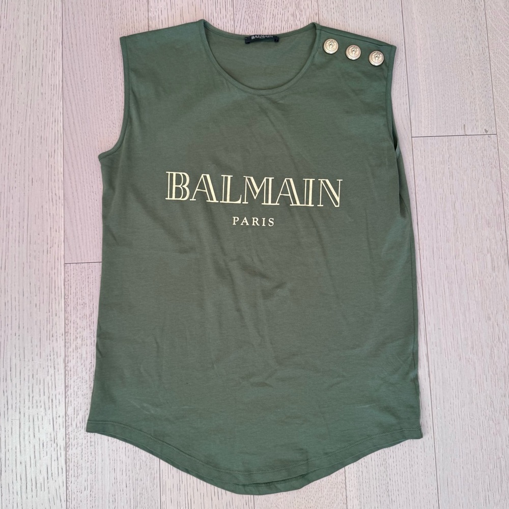 BALMAIN KHAKI (Olive) GREEN SLEEVELESS T-SHIRT